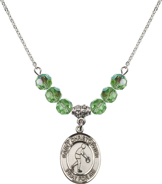 Sterling Silver Saint Christopher/Basketball Birthstone Necklace with Peridot Beads - 8153