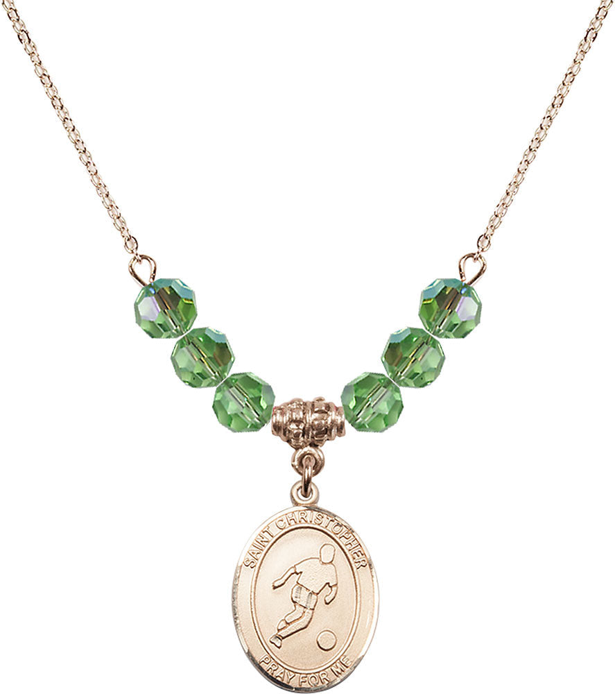 14kt Gold Filled Saint Christopher/Soccer Birthstone Necklace with Peridot Beads - 8154