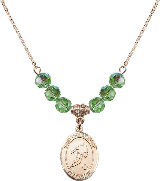 14kt Gold Filled Saint Christopher/Soccer Birthstone Necklace with Peridot Beads - 8154