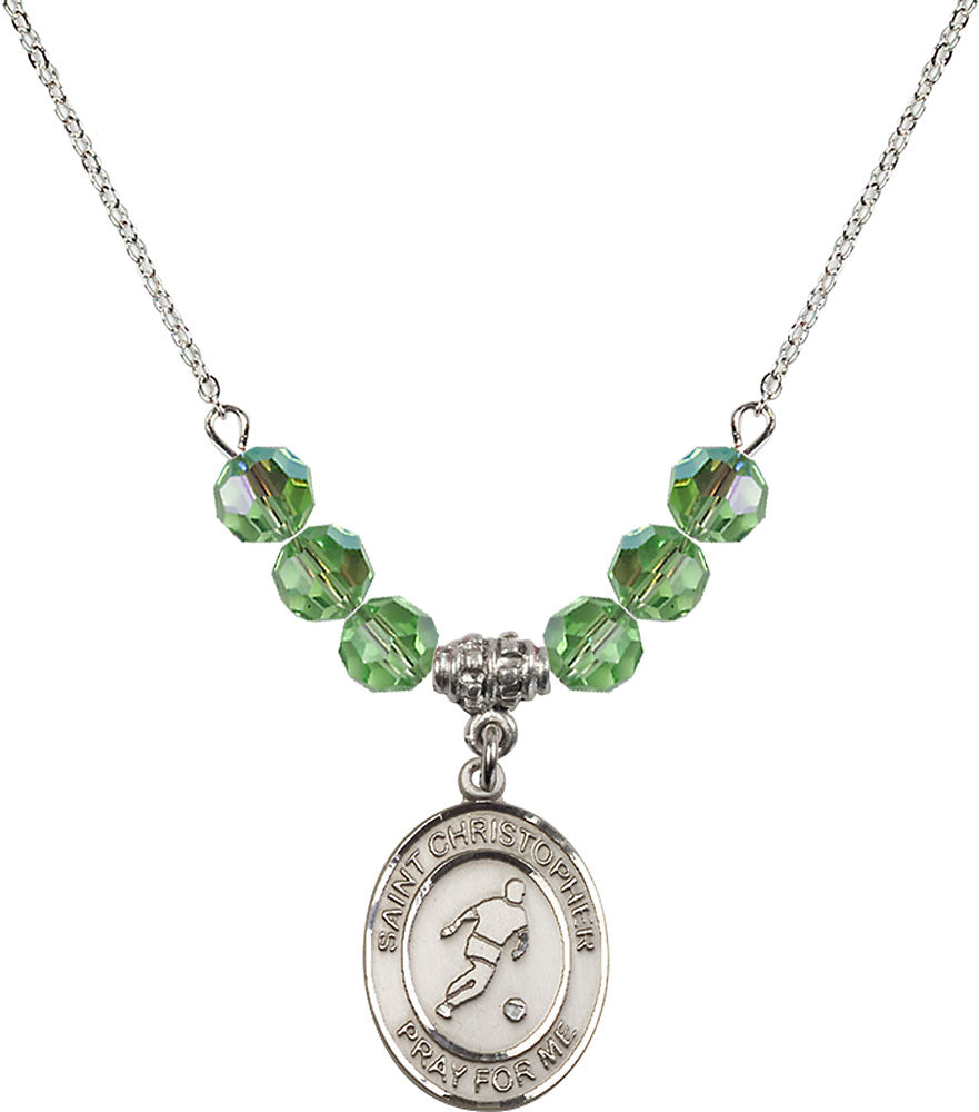 Sterling Silver Saint Christopher/Soccer Birthstone Necklace with Peridot Beads - 8154