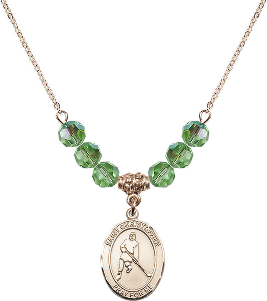 14kt Gold Filled Saint Christopher/Ice Hockey Birthstone Necklace with Peridot Beads - 8155