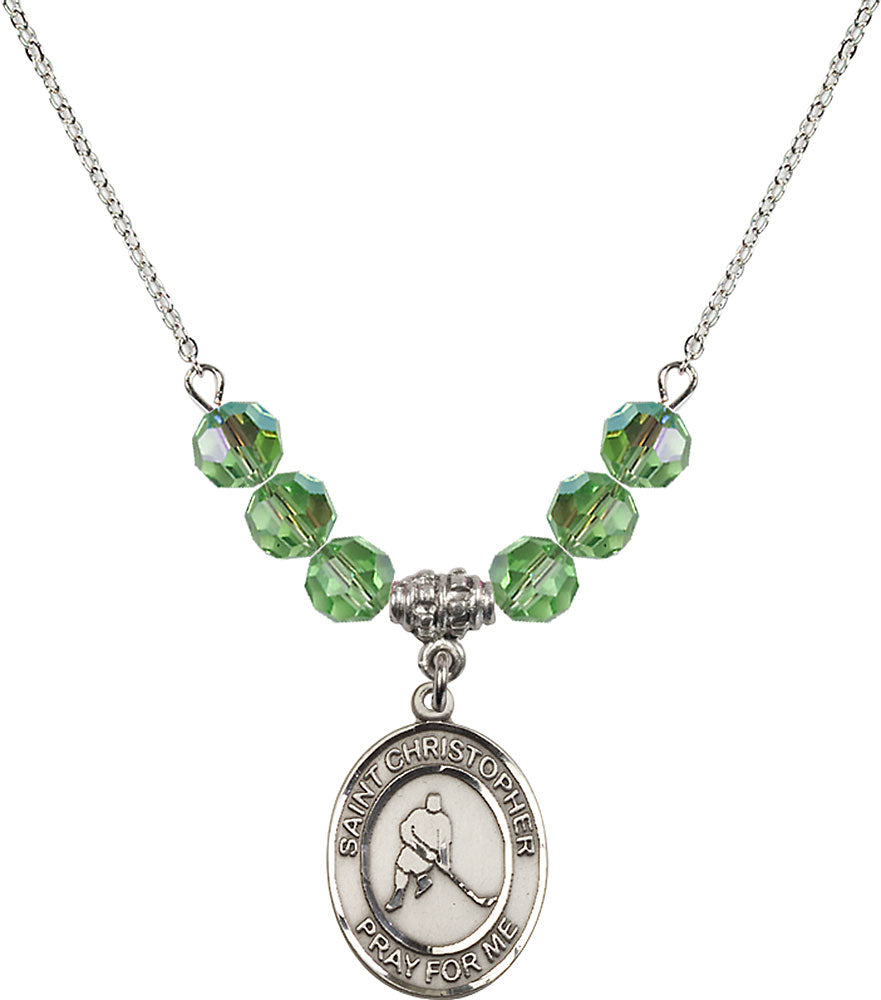 Sterling Silver Saint Christopher/Ice Hockey Birthstone Necklace with Peridot Beads - 8155
