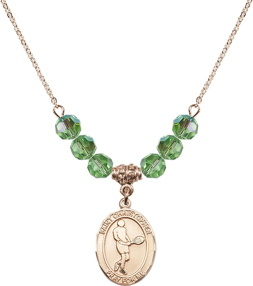 14kt Gold Filled Saint Christopher/Tennis Birthstone Necklace with Peridot Beads - 8156