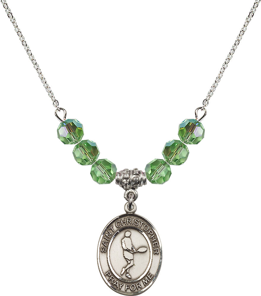 Sterling Silver Saint Christopher/Tennis Birthstone Necklace with Peridot Beads - 8156