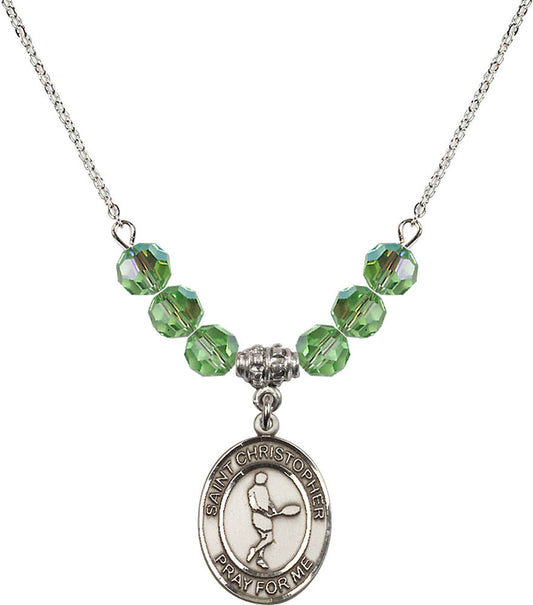 Sterling Silver Saint Christopher/Tennis Birthstone Necklace with Peridot Beads - 8156