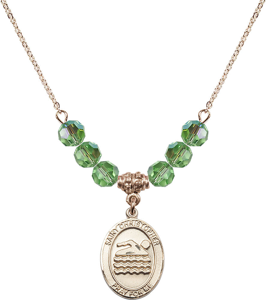 14kt Gold Filled Saint Christopher/Swimming Birthstone Necklace with Peridot Beads - 8157