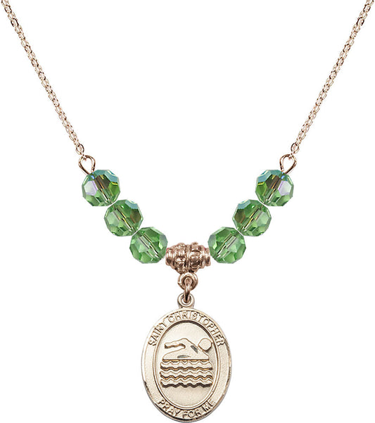 14kt Gold Filled Saint Christopher/Swimming Birthstone Necklace with Peridot Beads - 8157