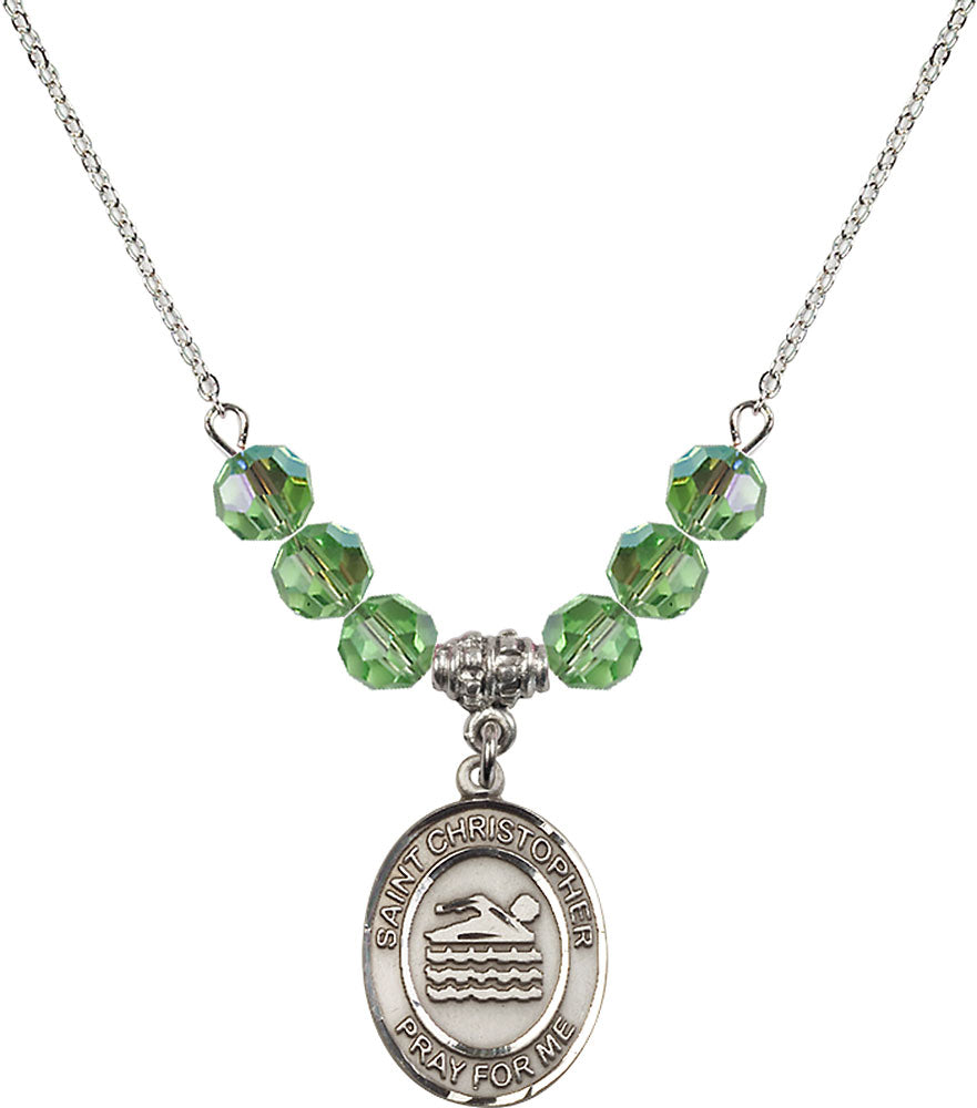 Sterling Silver Saint Christopher/Swimming Birthstone Necklace with Peridot Beads - 8157