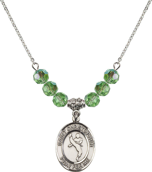 Sterling Silver Saint Christopher/Martial Arts Birthstone Necklace with Peridot Beads - 8158