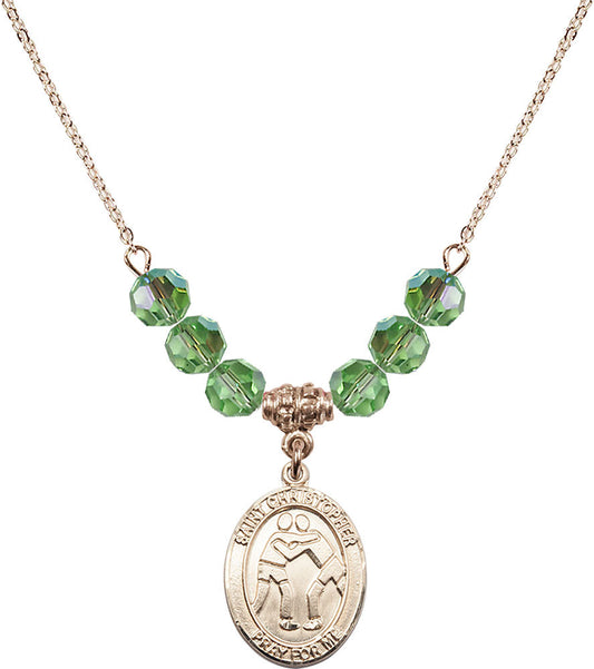 14kt Gold Filled Saint Christopher/Wrestling Birthstone Necklace with Peridot Beads - 8159