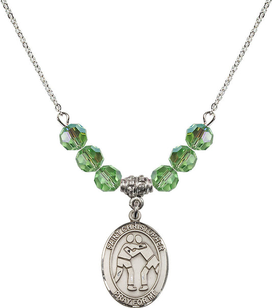 Sterling Silver Saint Christopher/Wrestling Birthstone Necklace with Peridot Beads - 8159