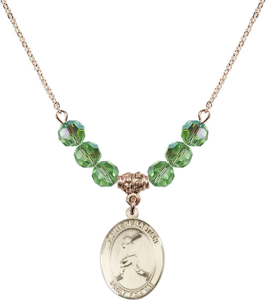 14kt Gold Filled Saint Sebastian/Baseball Birthstone Necklace with Peridot Beads - 8160