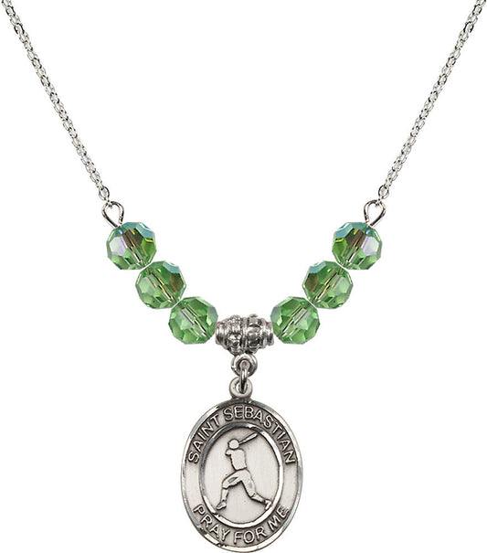 Sterling Silver Saint Sebastian/Baseball Birthstone Necklace with Peridot Beads - 8160