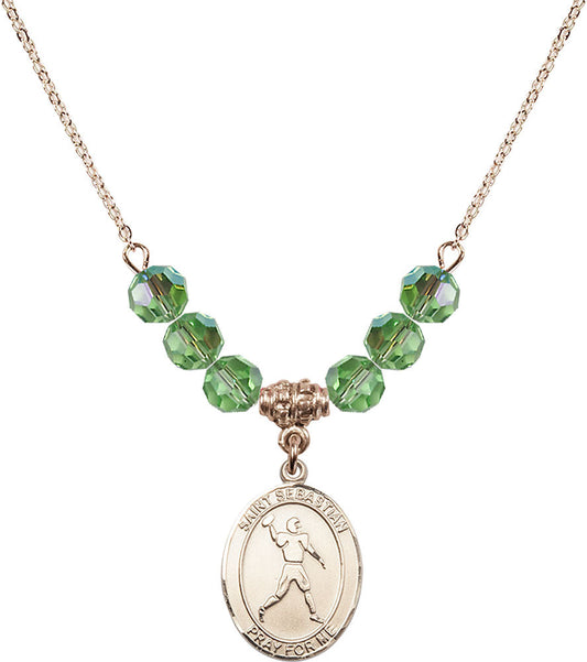 14kt Gold Filled Saint Sebastian/Football Birthstone Necklace with Peridot Beads - 8161
