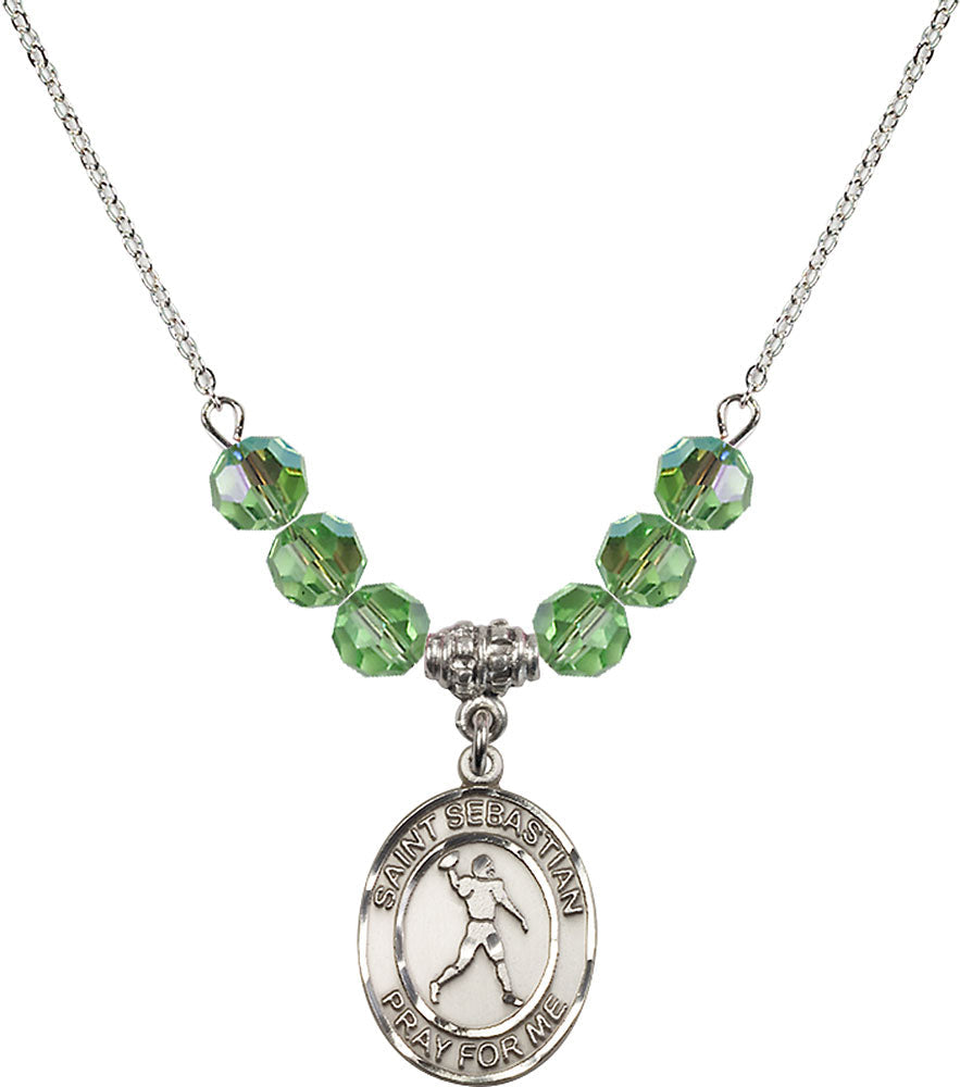 Sterling Silver Saint Sebastian/Football Birthstone Necklace with Peridot Beads - 8161