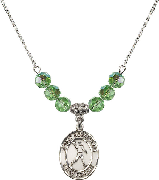 Sterling Silver Saint Sebastian/Football Birthstone Necklace with Peridot Beads - 8161