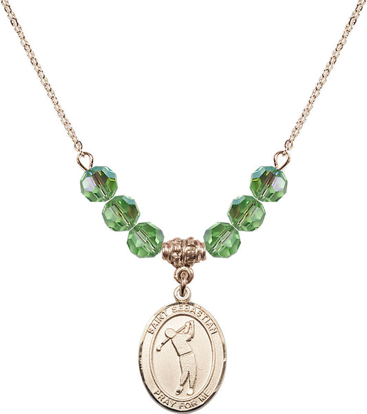 14kt Gold Filled Saint Sebastian/Golf Birthstone Necklace with Peridot Beads - 8162