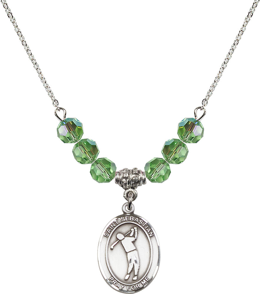 Sterling Silver Saint Sebastian/Golf Birthstone Necklace with Peridot Beads - 8162