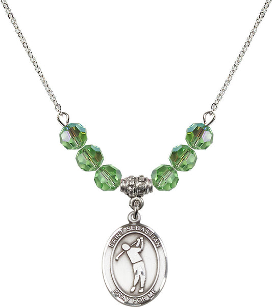 Sterling Silver Saint Sebastian/Golf Birthstone Necklace with Peridot Beads - 8162