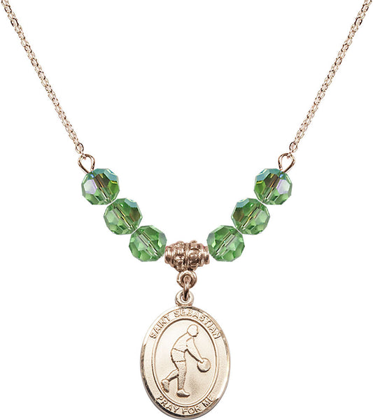 14kt Gold Filled Saint Sebastian/Basketball Birthstone Necklace with Peridot Beads - 8163
