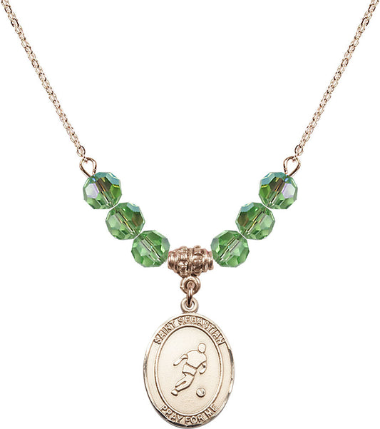 14kt Gold Filled Saint Sebastian/Soccer Birthstone Necklace with Peridot Beads - 8164