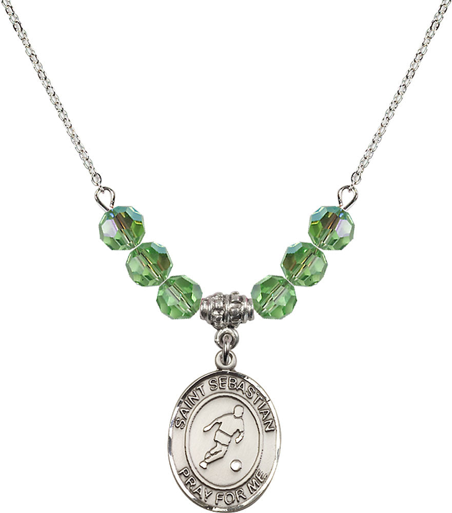 Sterling Silver Saint Sebastian/Soccer Birthstone Necklace with Peridot Beads - 8164