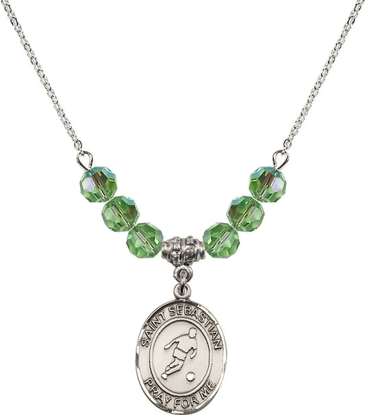 Sterling Silver Saint Sebastian/Soccer Birthstone Necklace with Peridot Beads - 8164
