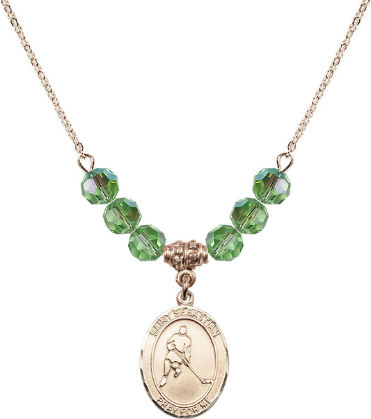 14kt Gold Filled Saint Sebastian/Ice Hockey Birthstone Necklace with Peridot Beads - 8165