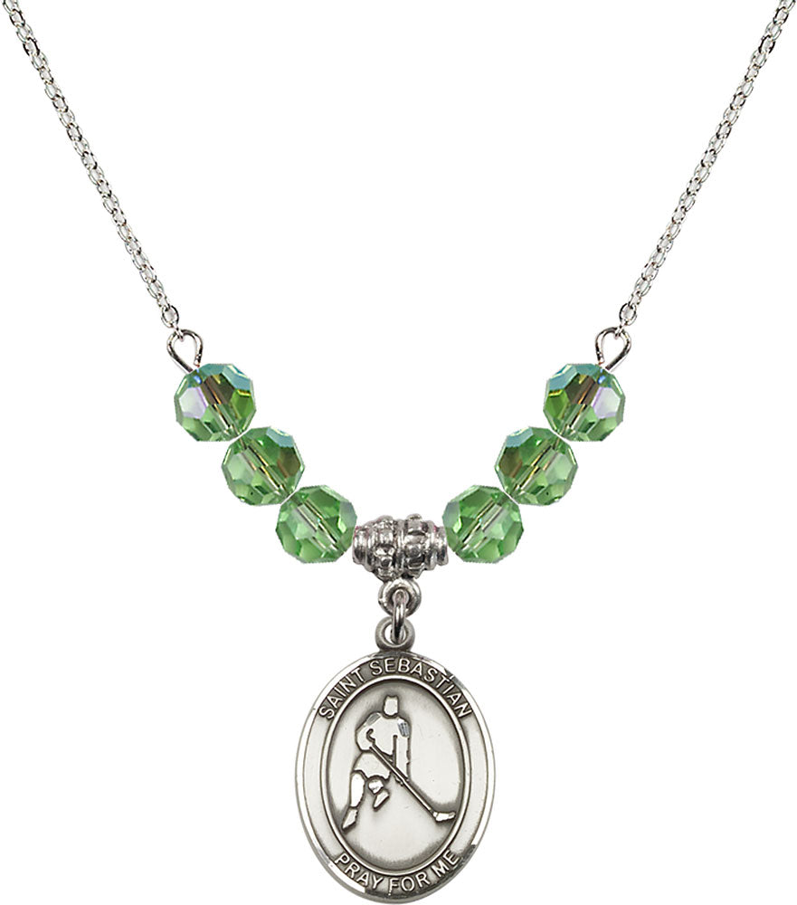 Sterling Silver Saint Sebastian/Ice Hockey Birthstone Necklace with Peridot Beads - 8165