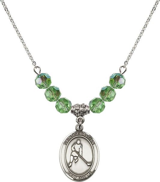 Sterling Silver Saint Sebastian/Ice Hockey Birthstone Necklace with Peridot Beads - 8165
