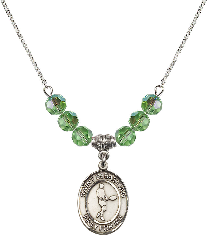 Sterling Silver Saint Sebastian/Tennis Birthstone Necklace with Peridot Beads - 8166