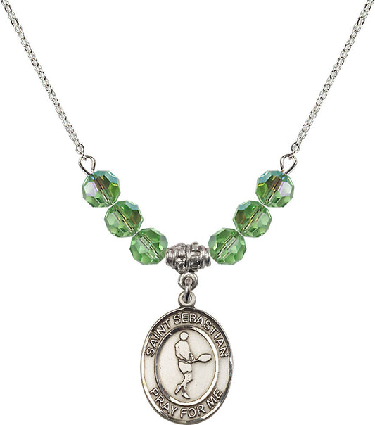 Sterling Silver Saint Sebastian/Tennis Birthstone Necklace with Peridot Beads - 8166