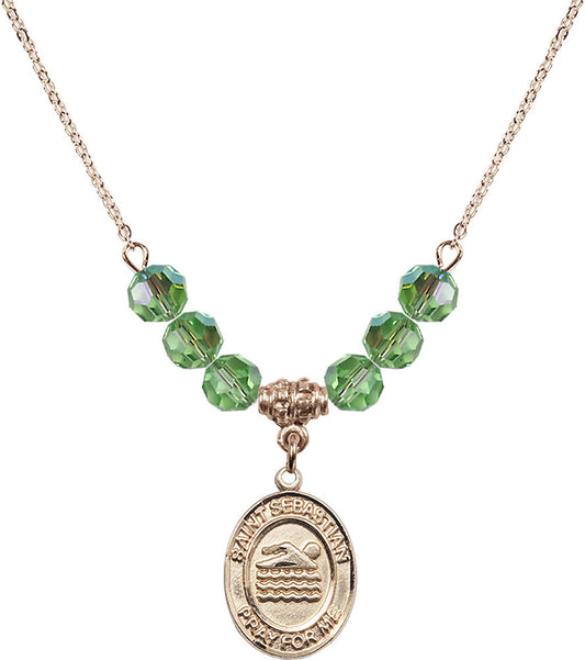 14kt Gold Filled Saint Sebastian/Swimming Birthstone Necklace with Peridot Beads - 8167