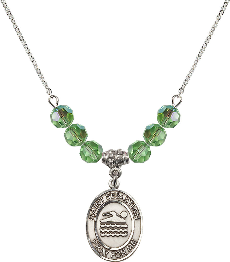 Sterling Silver Saint Sebastian/Swimming Birthstone Necklace with Peridot Beads - 8167