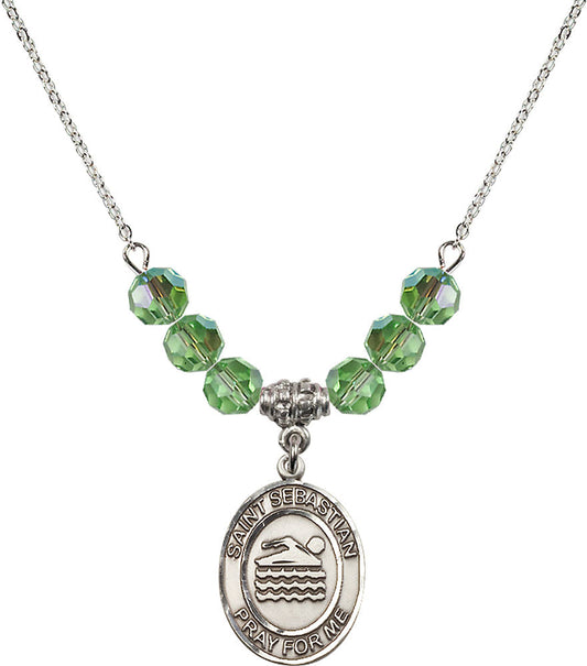 Sterling Silver Saint Sebastian/Swimming Birthstone Necklace with Peridot Beads - 8167