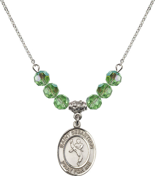 Sterling Silver Saint Sebastian/Martial Arts Birthstone Necklace with Peridot Beads - 8168
