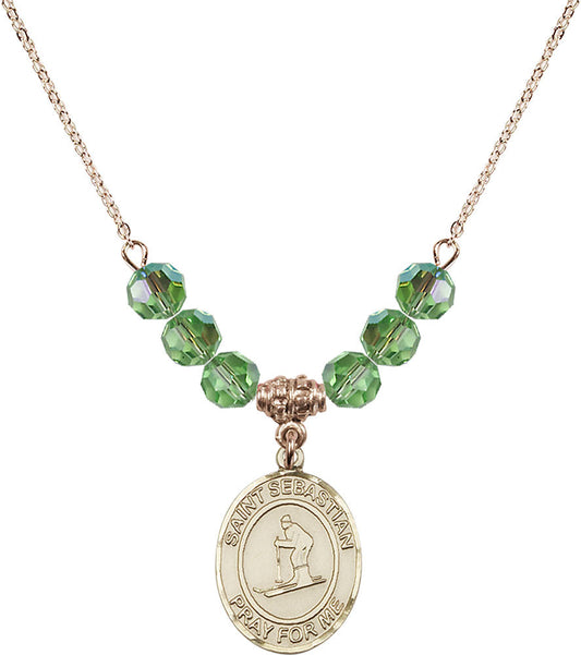 14kt Gold Filled Saint Sebastian/Skiing Birthstone Necklace with Peridot Beads - 8169