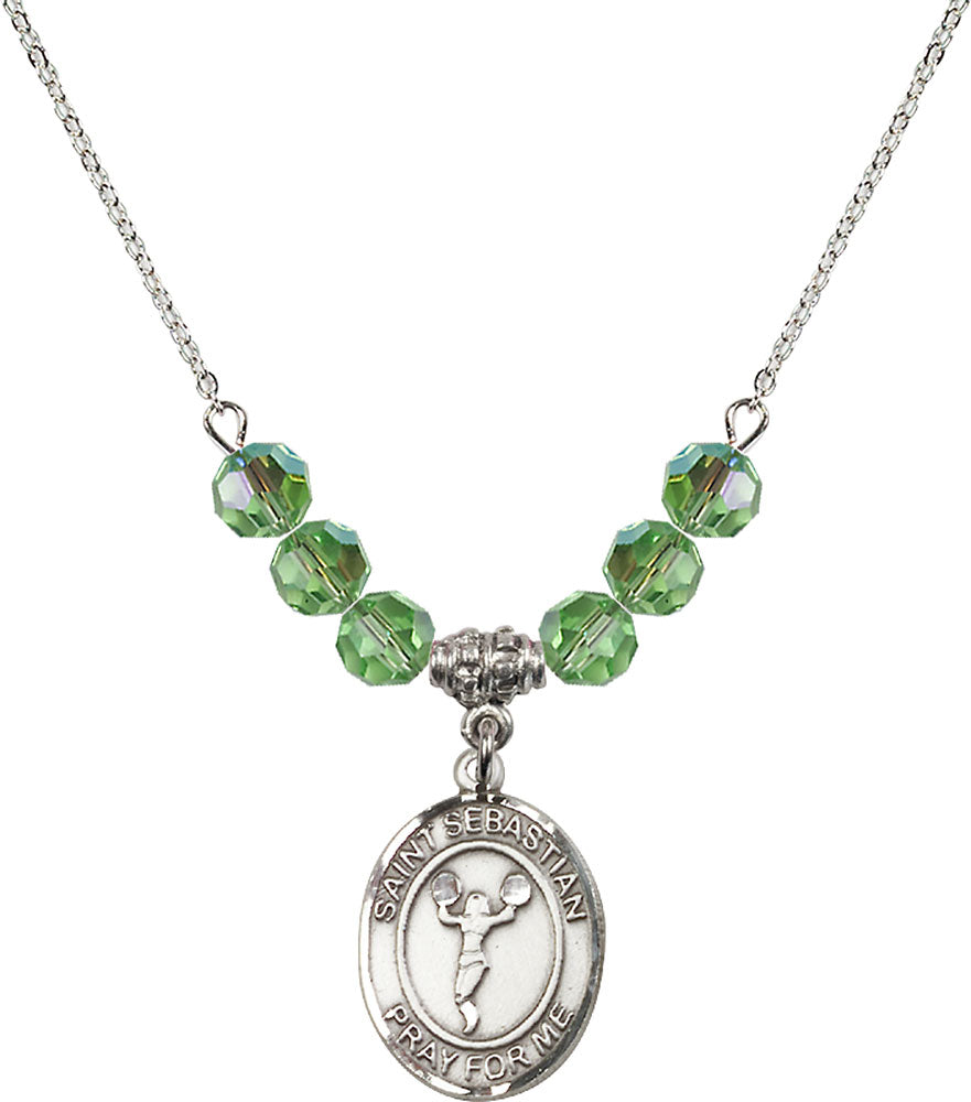 Sterling Silver Saint Sebastian/Cheerleading Birthstone Necklace with Peridot Beads - 8170
