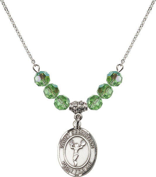 Sterling Silver Saint Sebastian/Cheerleading Birthstone Necklace with Peridot Beads - 8170