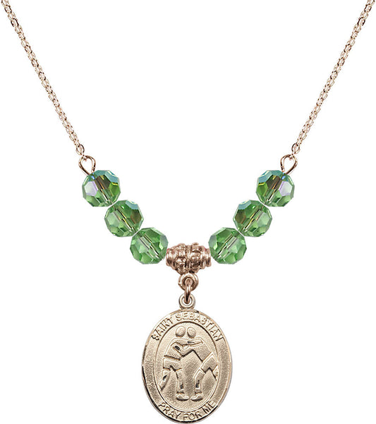 14kt Gold Filled Saint Sebastian/Wrestling Birthstone Necklace with Peridot Beads - 8171