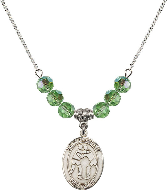 Sterling Silver Saint Sebastian/Wrestling Birthstone Necklace with Peridot Beads - 8171