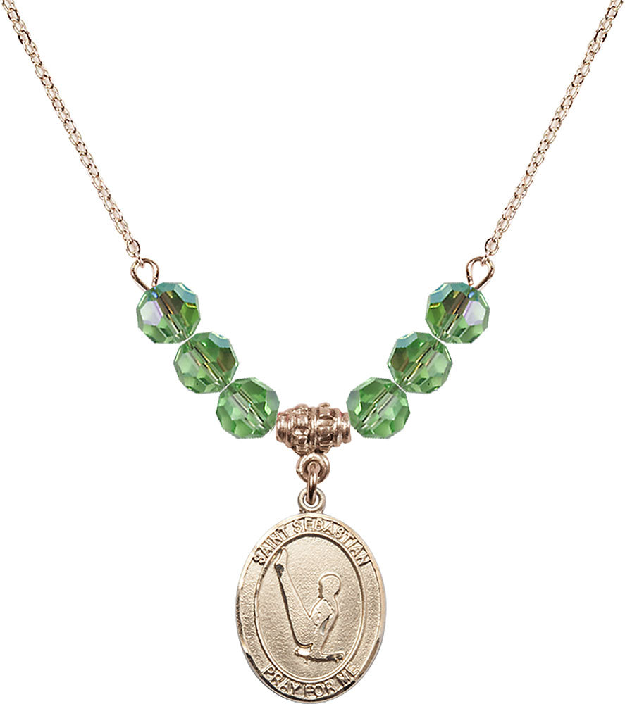 14kt Gold Filled Saint Sebastian/Gymnastics Birthstone Necklace with Peridot Beads - 8172