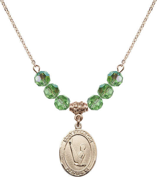 14kt Gold Filled Saint Sebastian/Gymnastics Birthstone Necklace with Peridot Beads - 8172