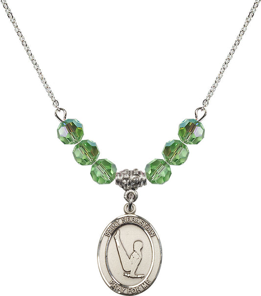 Sterling Silver Saint Sebastian/Gymnastics Birthstone Necklace with Peridot Beads - 8172