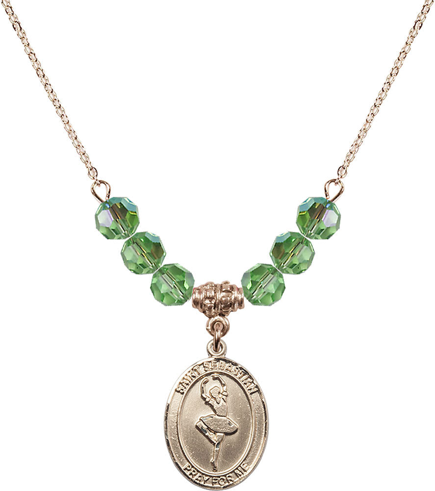 14kt Gold Filled Saint Sebastian/Dance Birthstone Necklace with Peridot Beads - 8173
