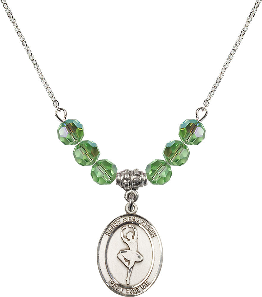 Sterling Silver Saint Sebastian/Dance Birthstone Necklace with Peridot Beads - 8173