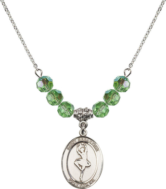 Sterling Silver Saint Sebastian/Dance Birthstone Necklace with Peridot Beads - 8173