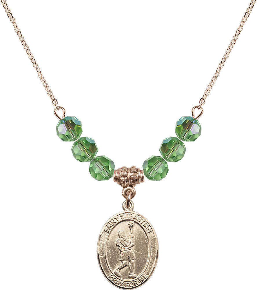 14kt Gold Filled Saint Sebastian/Lacrosse Birthstone Necklace with Peridot Beads - 8174