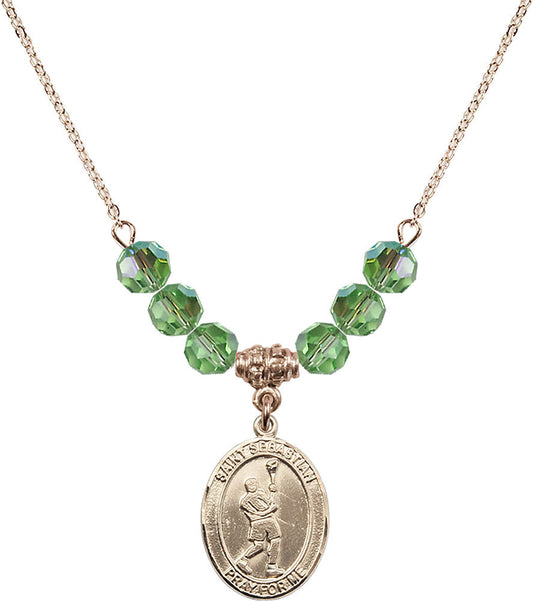 14kt Gold Filled Saint Sebastian/Lacrosse Birthstone Necklace with Peridot Beads - 8174