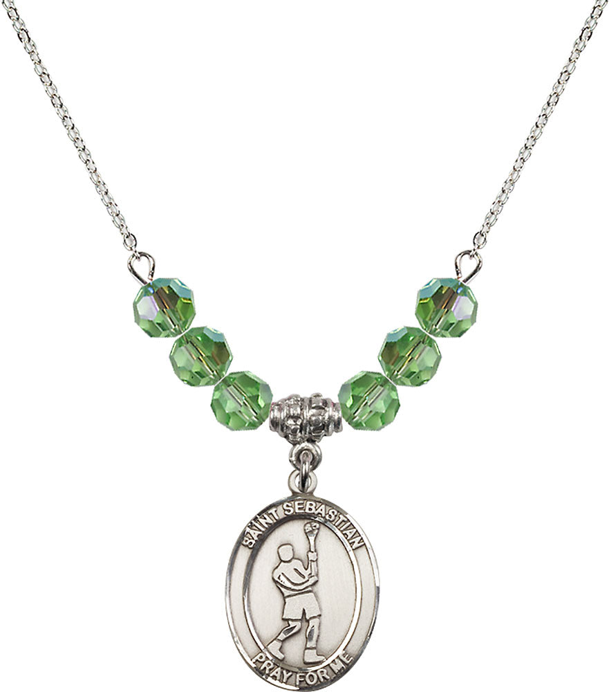 Sterling Silver Saint Sebastian/Lacrosse Birthstone Necklace with Peridot Beads - 8174